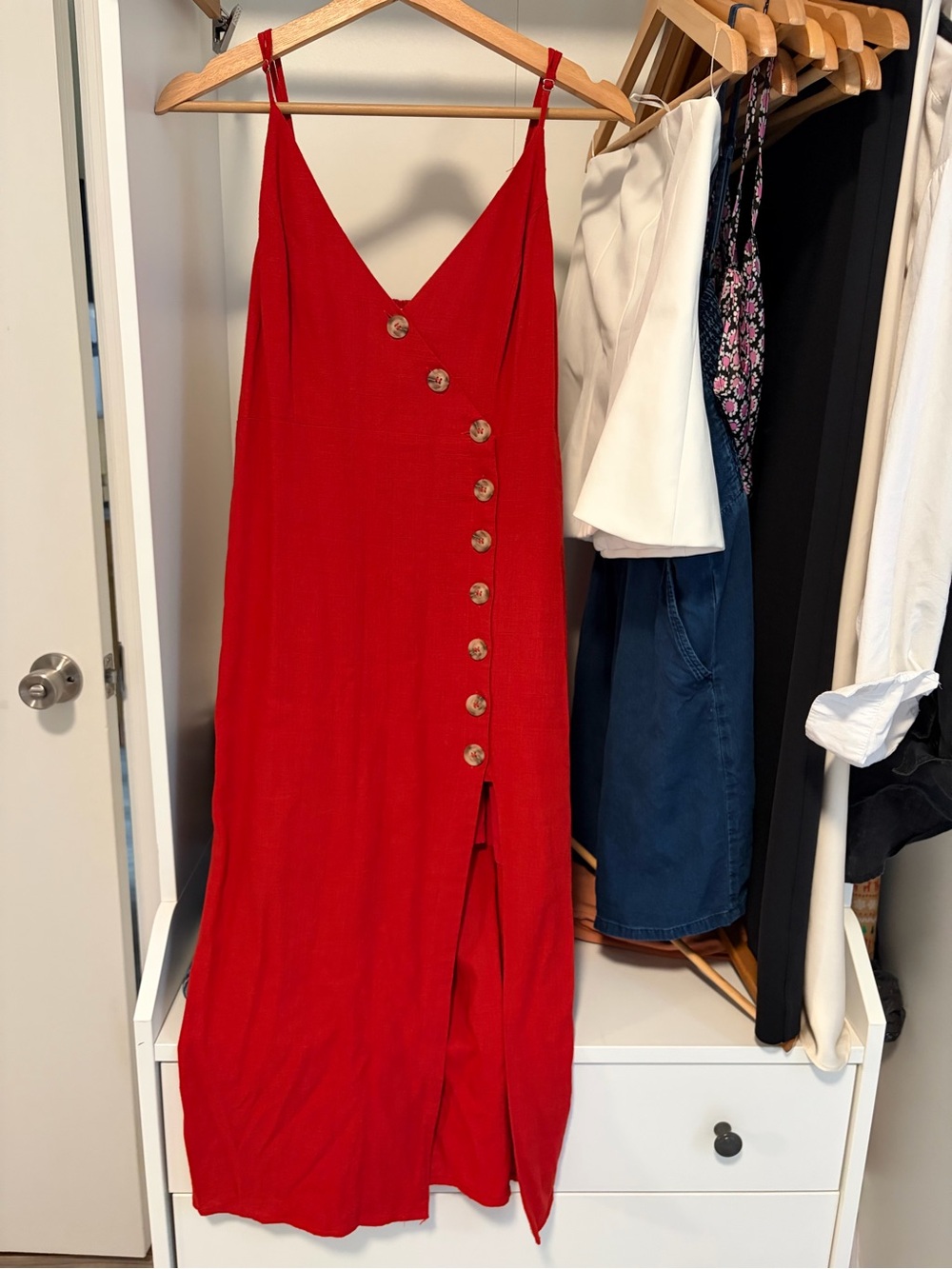 re:named Red Button-Front Midi Slip Dress